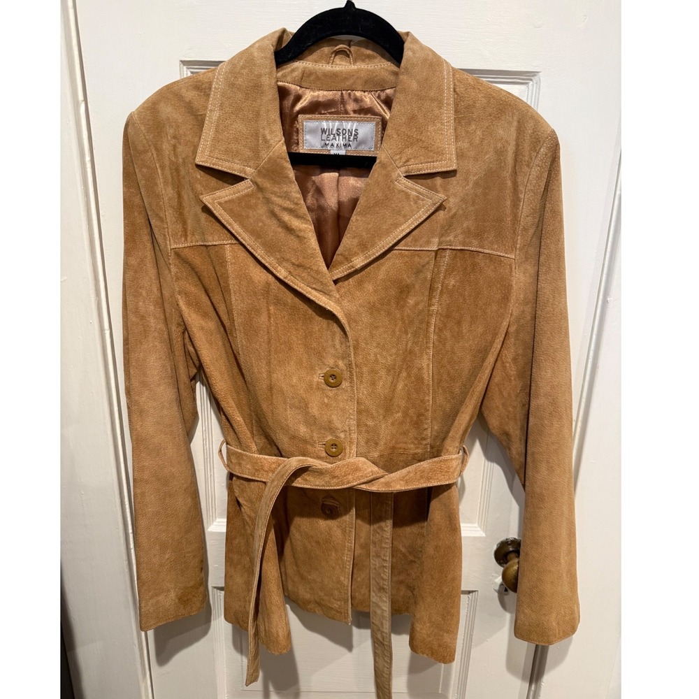 Wilsons Leather Maxima Womens XL‎ Tan Suede Belted Blazer Coat Boho Vintage